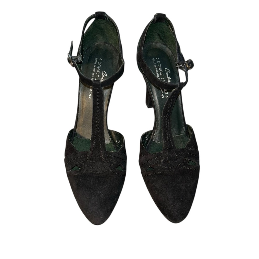 Donald J. Pliner Couture Black Suede T Strap Cap Toe Cut Outs Pumps Size 8